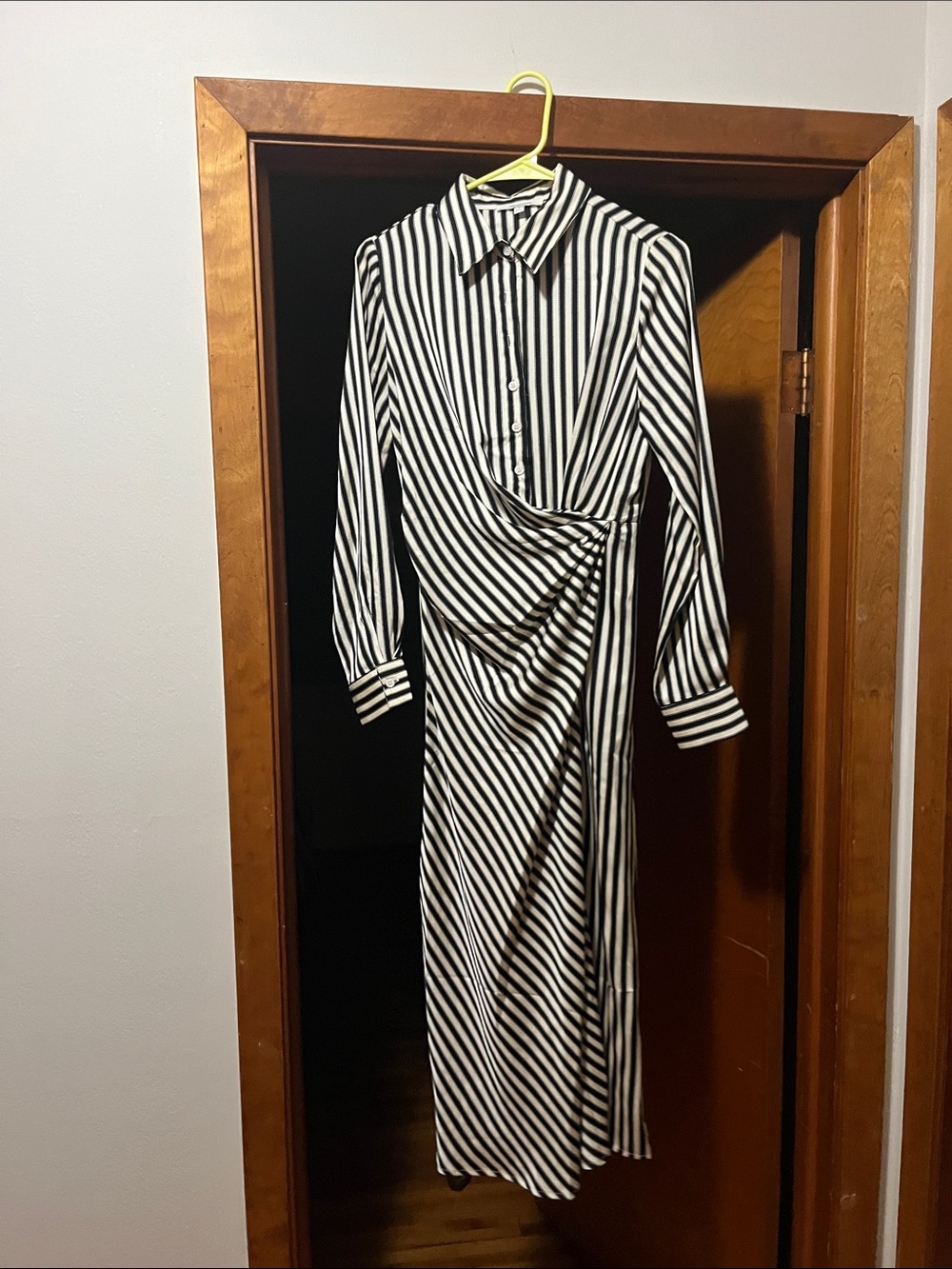 Black and White Striped Long-Sleeve Wrap Midi Dress